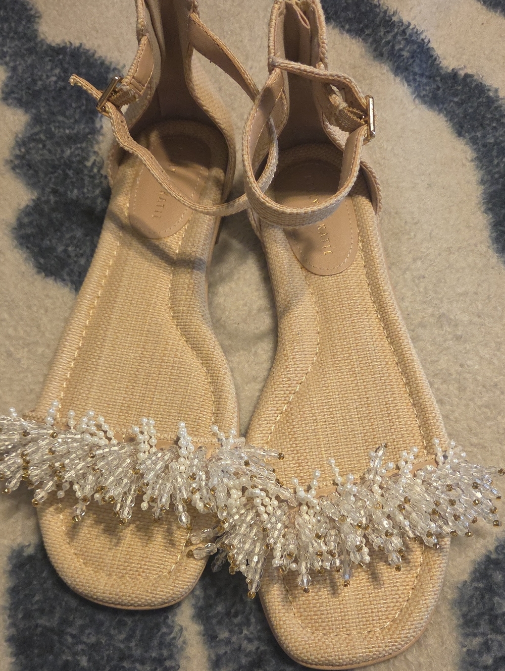 Beaded Ankle-Strap Flat Sandals in Beige